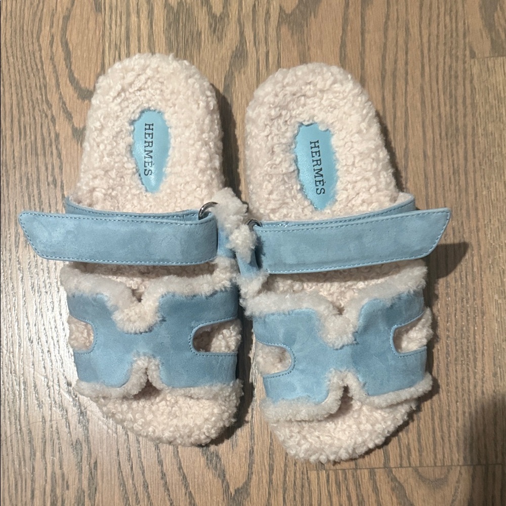Hermes Light Blue and Cream Shearling Slides